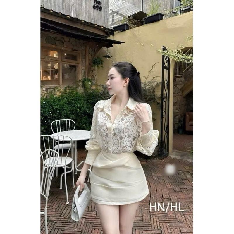 Kèm Quây Set Áo Sơ Mi REN Tay Dài Mở Cúc Mix Chân Váy Có Quần Bảo Hộ - Hân Linh shop
