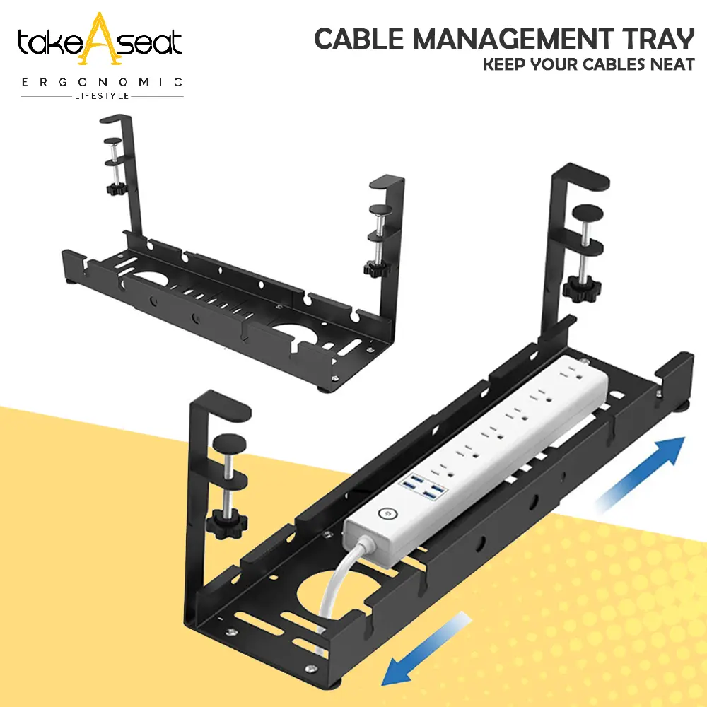 TakeAseat Adjustable Cable Management Tray | Under Desk Clamp On Cable Organizer | Plug Cord Storage