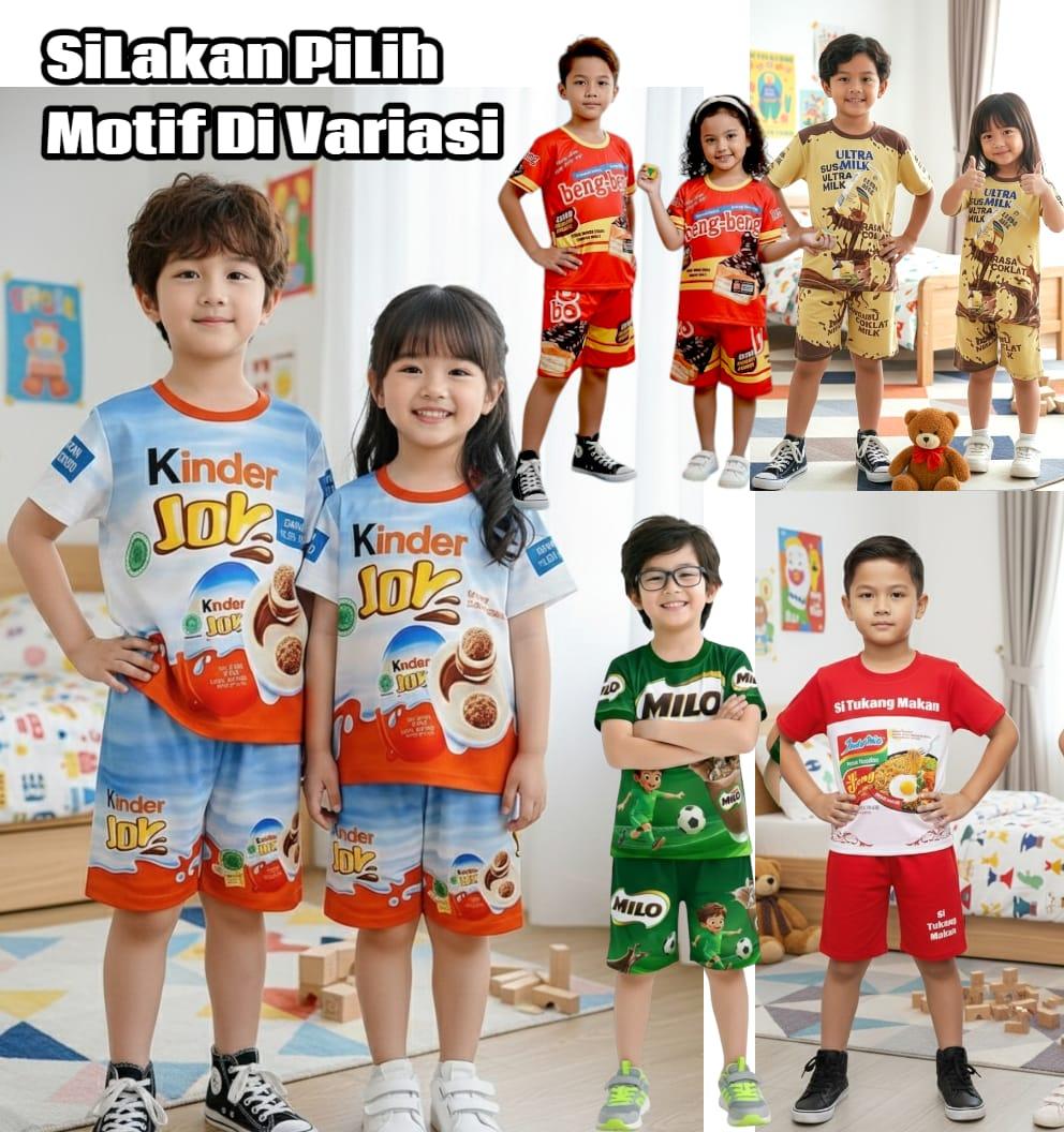 Setelan Anak Harian Viral Terbaru Limited Edition Motif Makanan Mie goreng dan gambar Minuman untuk Usia 1-10 Tahun Desain Unik Nyaman dan Senang Dipakai