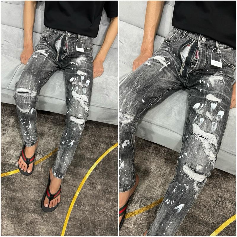 Quần Jean đen xám khói nam mài rách khoá lệch hở new 2025