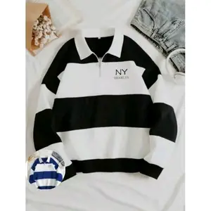 Sweater rugby salur Ny Brooklyn Sablon Unisex atasan Pria Wanita