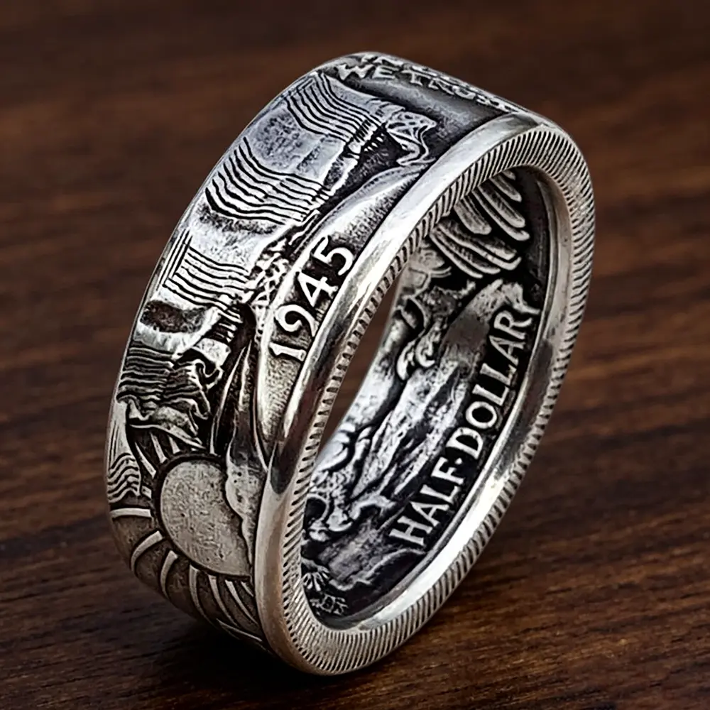 Cincin koin Morgan perak dan emas retro dengan motif koin, cincin pesta hip-hop punk modis yang dipersonalisasi untuk pria.
