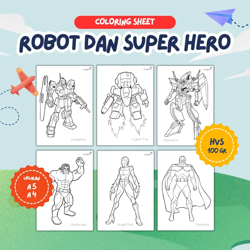 Lembar Mewarnai/Kertas Mewarnai/Coloring Sheet - Tema Robot & Superhero - Ukuran A4 & A5 - Kertas HVS Tebal 100 gram 0