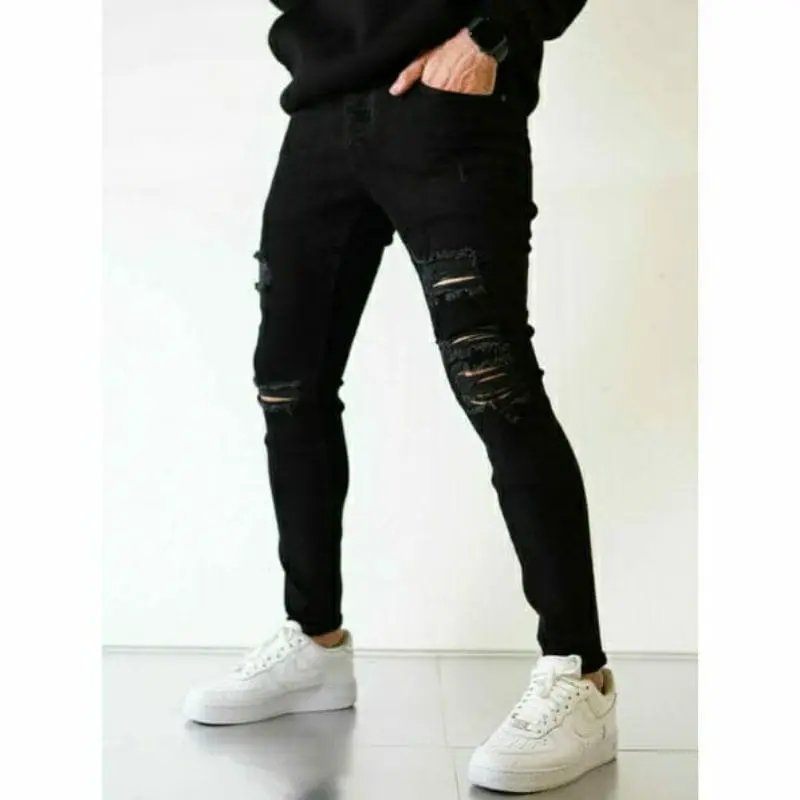 Celana jeans pria sobek abu grey slimfit stretch panjang cowok ripped celana denim dewasa robek skinny pensil korea style 3