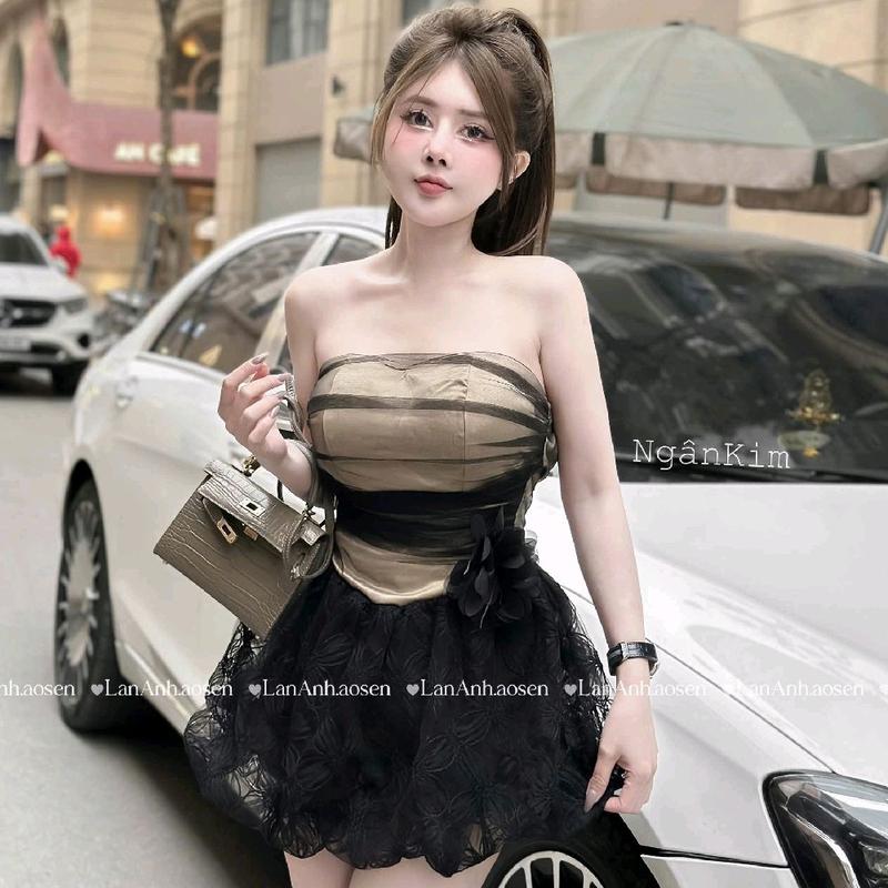 Đầm cup ngực bí ren bồng bềnh hoa cài eo kèm quần đầm đi cưới váy đi dự tiệc đám cưới váy trắng