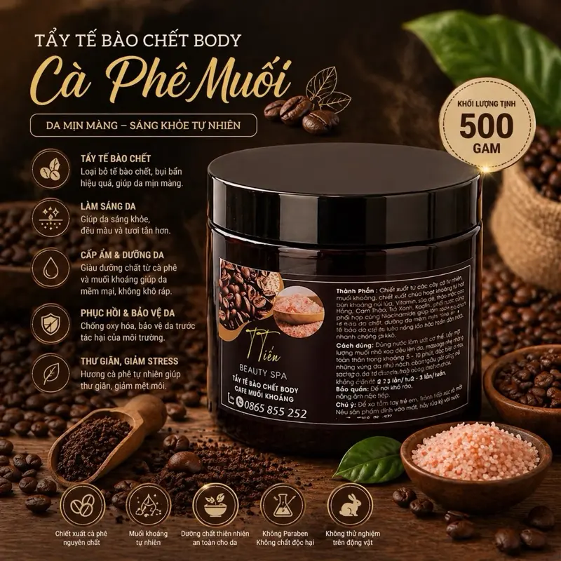 Tẩy Tế Bào Chết Da Mặt & Body Cà Phê Muối Khoáng Beauty 500G Hỗ Trợ Giúp Dưỡng Da Body Mịn Màng, Phù Hợp Mọi Loại Da tẩy bào Women Nữ