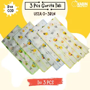 Set 3 Pcs Gurita Tali Bayi / Gurita Ikat Newborn Warna Putih Dengan Motif Ceria