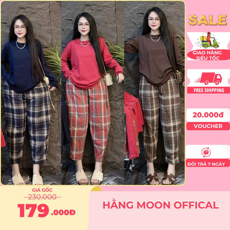 Set Đồ Nữ Bigsize Set Bộ Áo Cotton TAY DÀI Thu Đông Phối Quần CARO Bigsize 4 MÀU