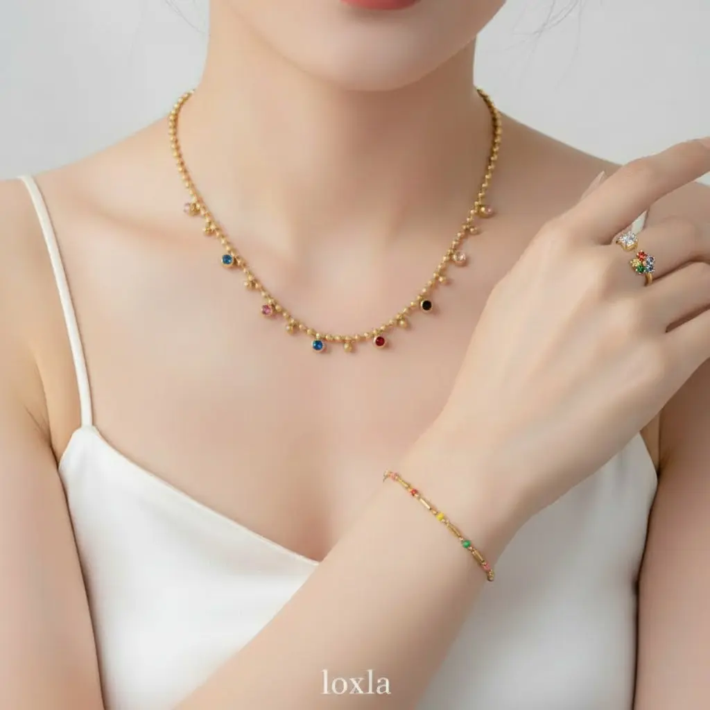 Kalung Biji Lada Mata Pelangi Arina Dan Gelang Batu Kecil Pelangi Theresa Dan Cincin Bunga Pelangi Buka Depan Titanium Elegan Loxla