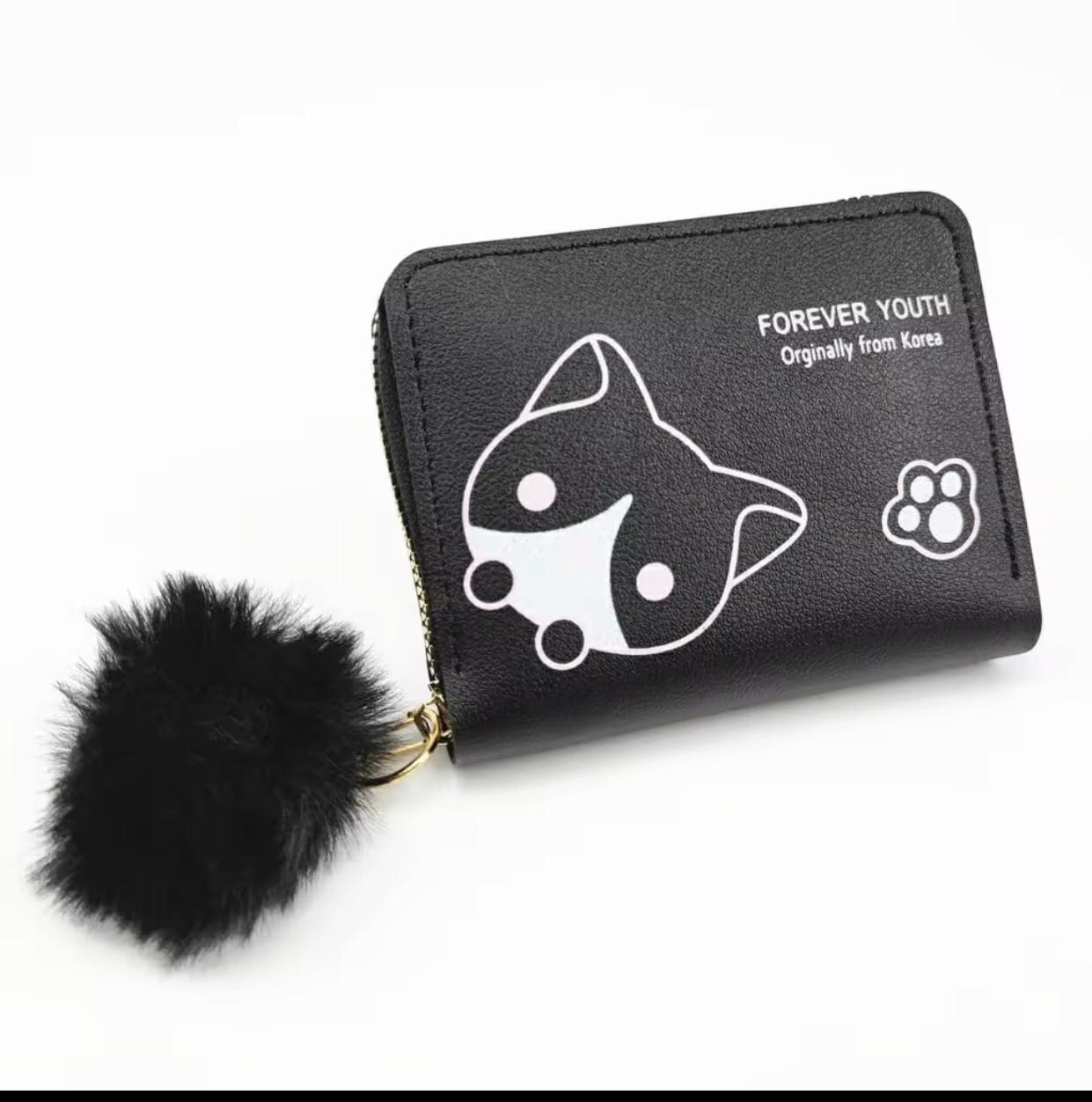dompet wanita kecil/dompet lucu/dompet miow/dompet pompom/dompet pendek wanita Kulit Hitam