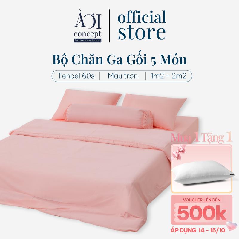 Bộ Chăn Ga Gối Lụa Tencel 60s Màu Trơn 5 Món Cao Cấp 1m2-2m2 AOICONCEPT- Ngủ Ngon Với Ga Giường Bo Chun Vỏ Mền 2 Vỏ Gối Nằm & 1 Vỏ Gối Ôm Chất Liệu An Toàn Cho Da