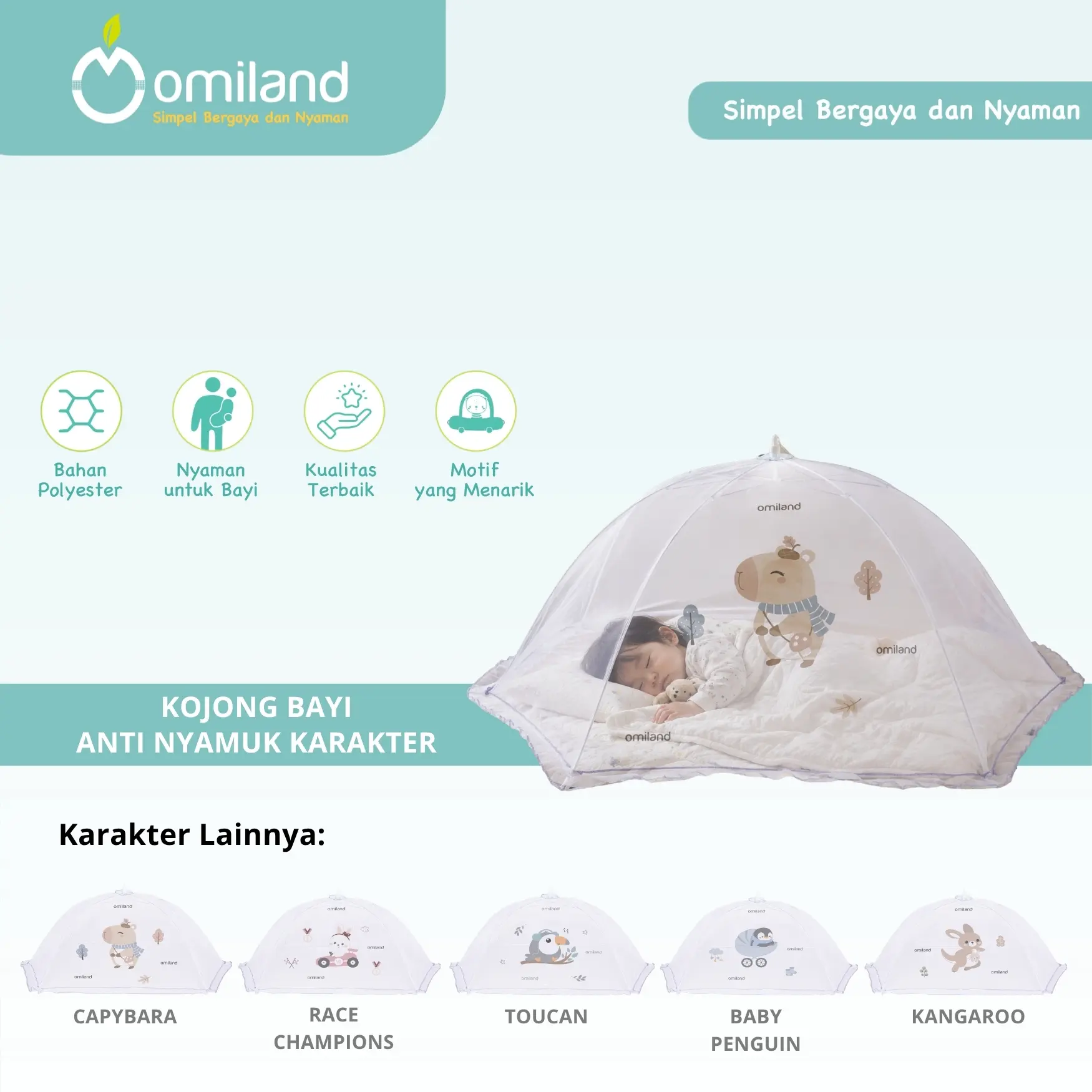 Omiland Kojong Bayi Karakter Tarik Anti Nyamuk | Kelambu Bayi Lipat Praktis Polyester 82x54 cm