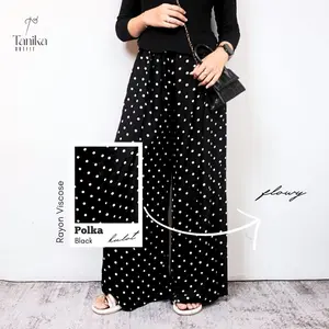 Kulot Rayon Motif Polkadot Jumbo Simple Celana Panjang Santai Wanita Highwaist Bahan Adem Nyaman Jatuh 100cm