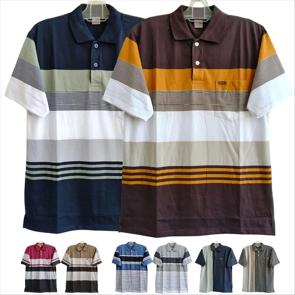 Kaos Kerah Motif Salur Saku Pria dewasa lengan pendek Premium Kancing Baju Katun Garis Stripe Polo