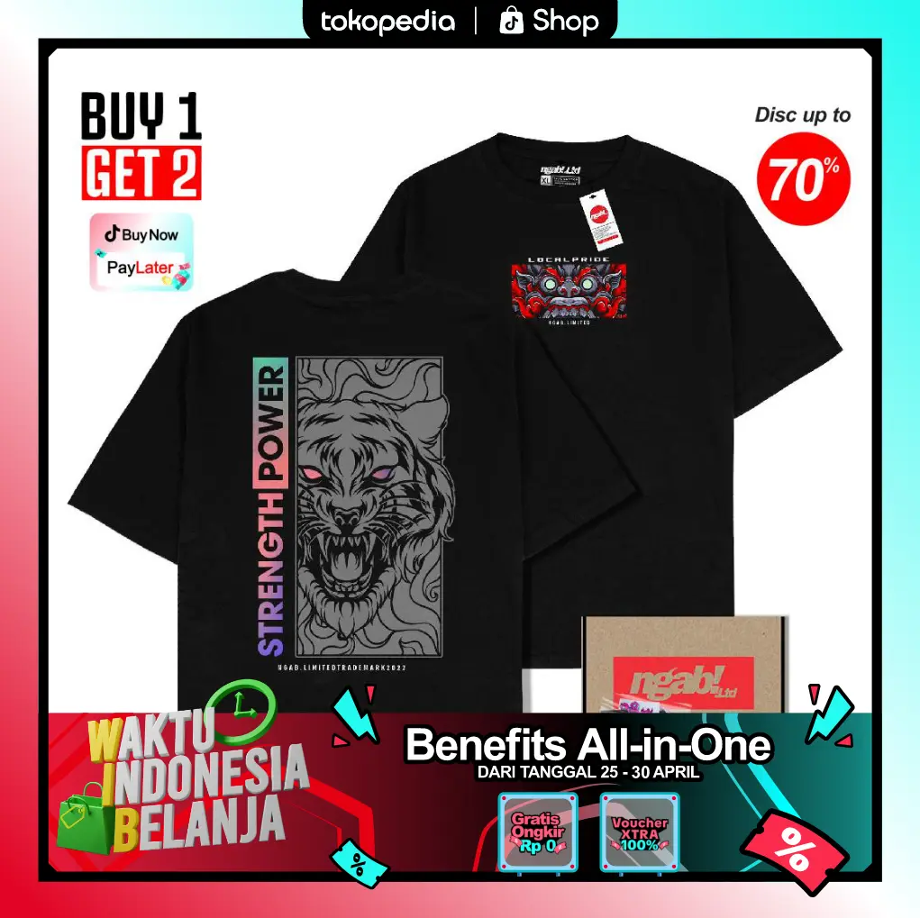 (Gratis, Sticker) Buy 1 Get 2 Ngab Kaos Baju Distro Spesial Bundling Super Kece Barong Tiger Strength Power Unisex Pria Wanita Cotton Combed 24s