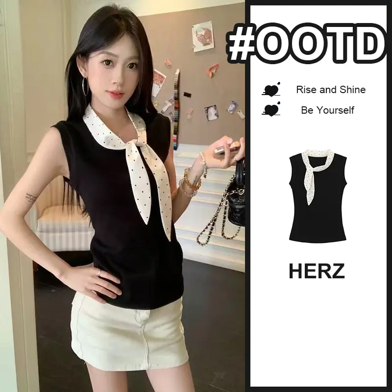 Herz-rompi htiam korean atasan wanita pita kupu-kupu bermotif polkadot kasual cewek