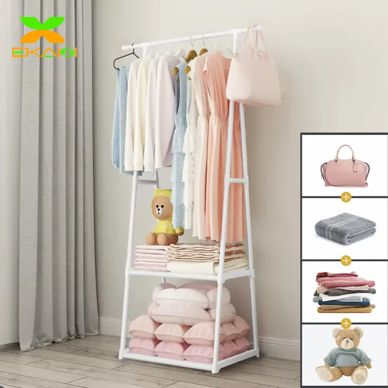 Ekaisi Rak Baju Berdiri Rak Gantung Pakaian Minimalis Multifungsi dengan Rak Penyimpanan Modern dengan roda - PUTIH ADA RODA