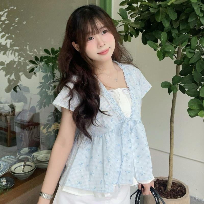 CÓ BIGSIZE Áo kiểu ngắn tay cổ V may liền 1 lớp phối dây buộc nơ áo babydoll nhiều màu Salavi N2 070