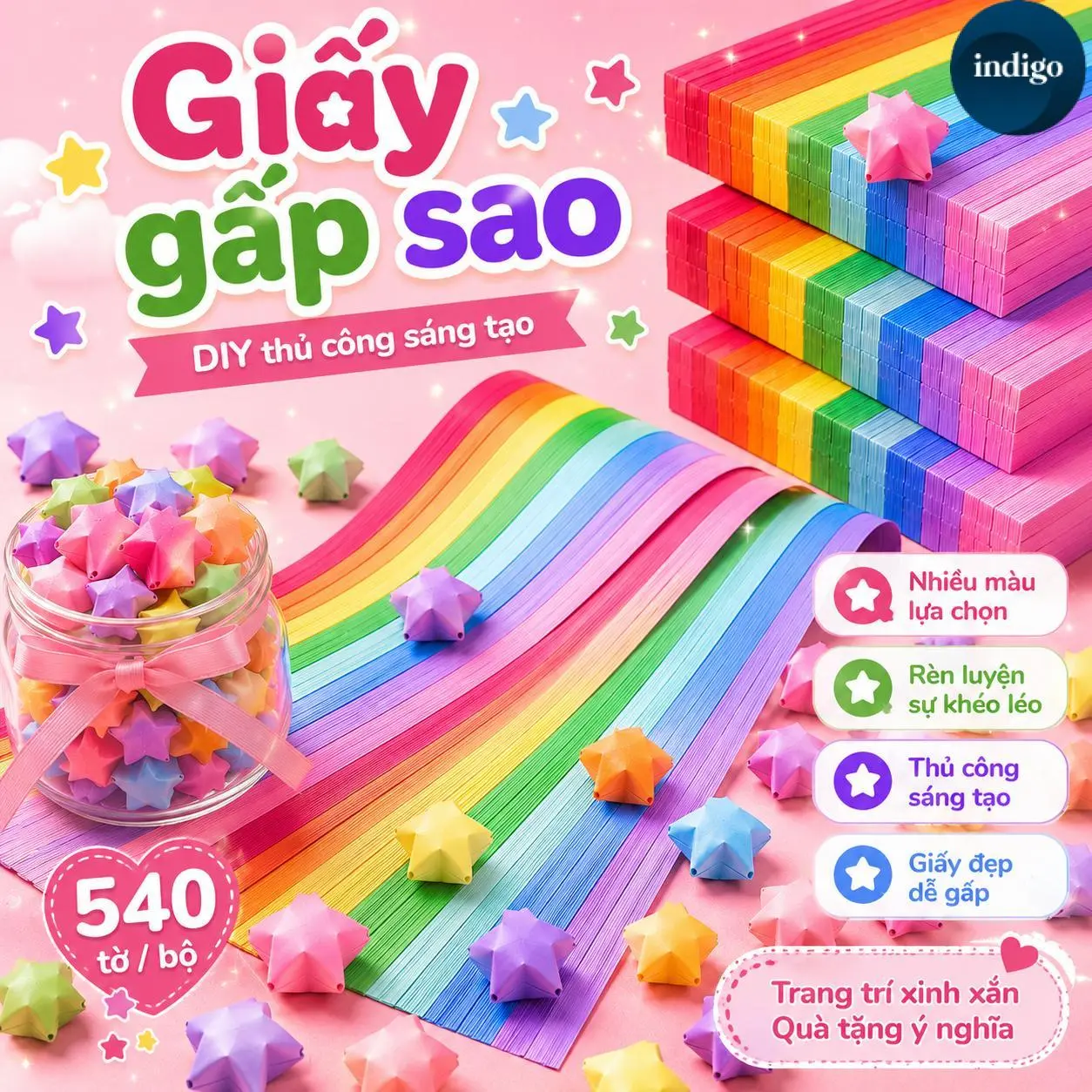 540 tờ giấy gấp hình ngôi sao dài 24 cm, nhiều lựa chọn về giấy gấp origami màu neon