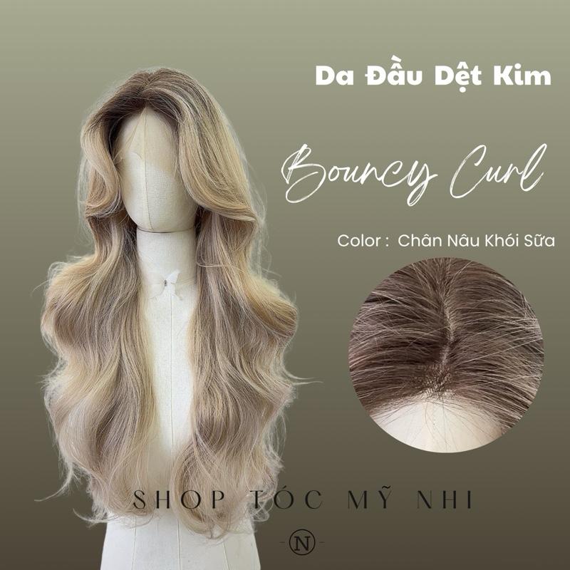 Tóc Giả Mỹ Nhi Bouncy Curl Xoăn Bung Layer Mái Bay Màu Tóc Chân Nâu Khói Sữa X-3D-0203 Da Đầu 3D Kết Hợp phân khúc DÁN KEO