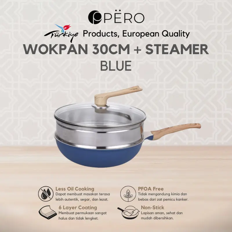 [Exclusive Mak San] Pero Wok Pan 30cm with Glass Lid Wooden Handle Biogranite Non Stick / Wajan Penggorengan Ukuran 30cm dengan Tutup Kaca Handle Kayu Anti Lengket Kitchenware 4