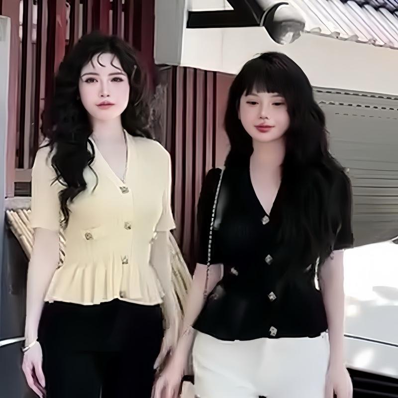 (55-90kg) Áo len v cổ tim cúc vuông cộc tay xinh xỉu BIGSIZE