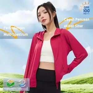 Jaket Anti UV Wanita Bahan Ice Silk Bernapas dengan Topi, Jaket Luar Ruangan Anti Sinar UV UPF50+, Pakaian Anti UV untuk Olahraga & Santai