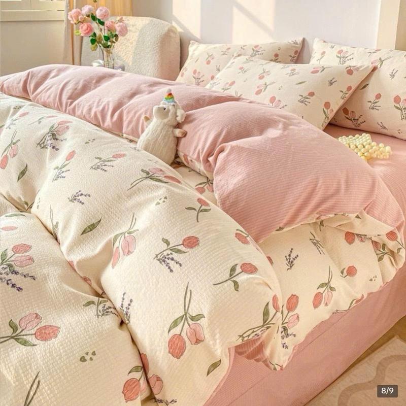 Vỏ Chăn ko ruột Bộ 5 Món Vỏ Chăn Ga Gối Nằm Cotton Icy mềm mại thoáng mát ga giương bo chun theo size đệm