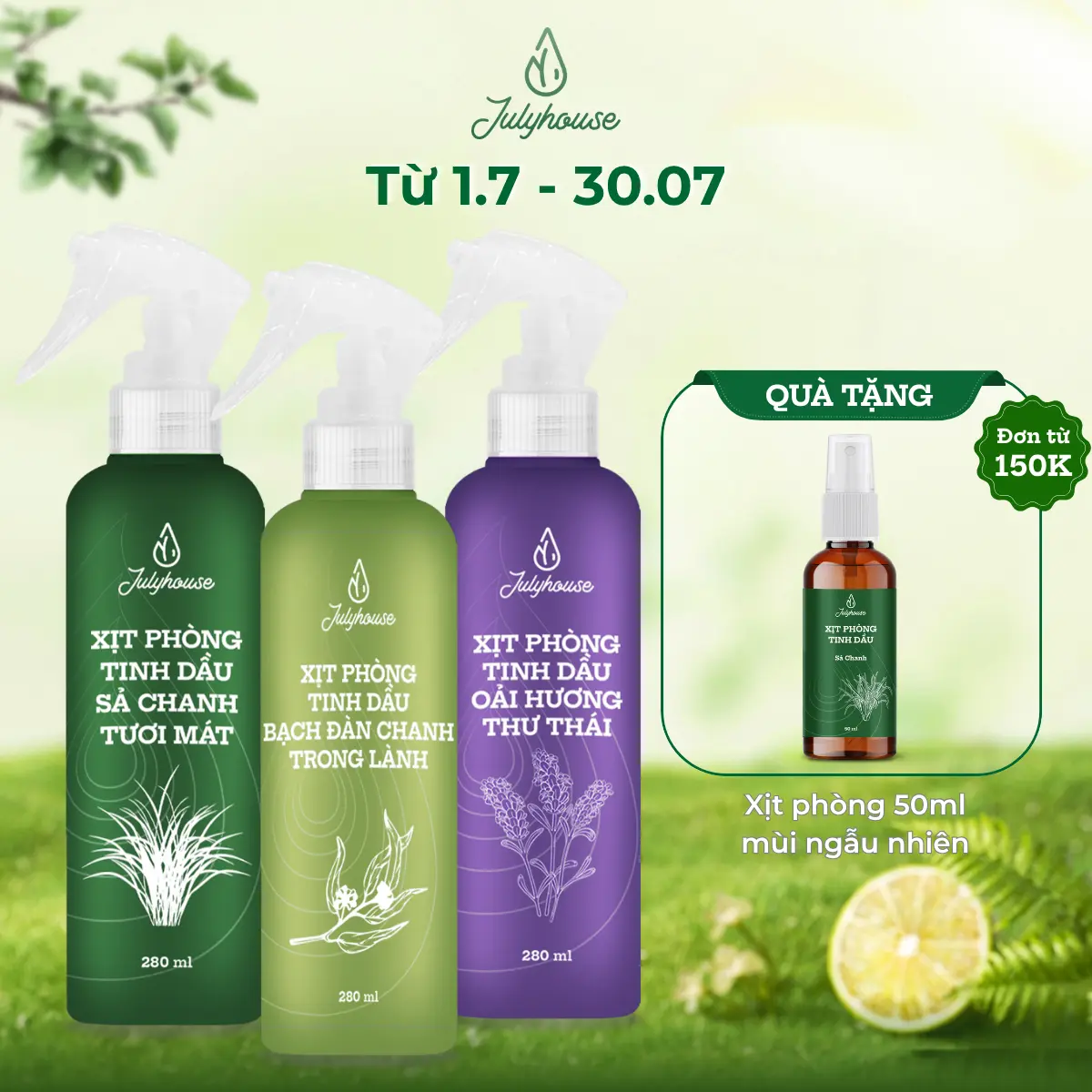 BÌNH XỊT PHÒNG TINH DẦU SẢ CHANH, BẠC HÀ, QUẾ, BẠCH ĐÀN CHANH JULYHOUSE 280ML KHỬ MÙI HIỆU QUẢ (MÙI TỰ CHỌN)