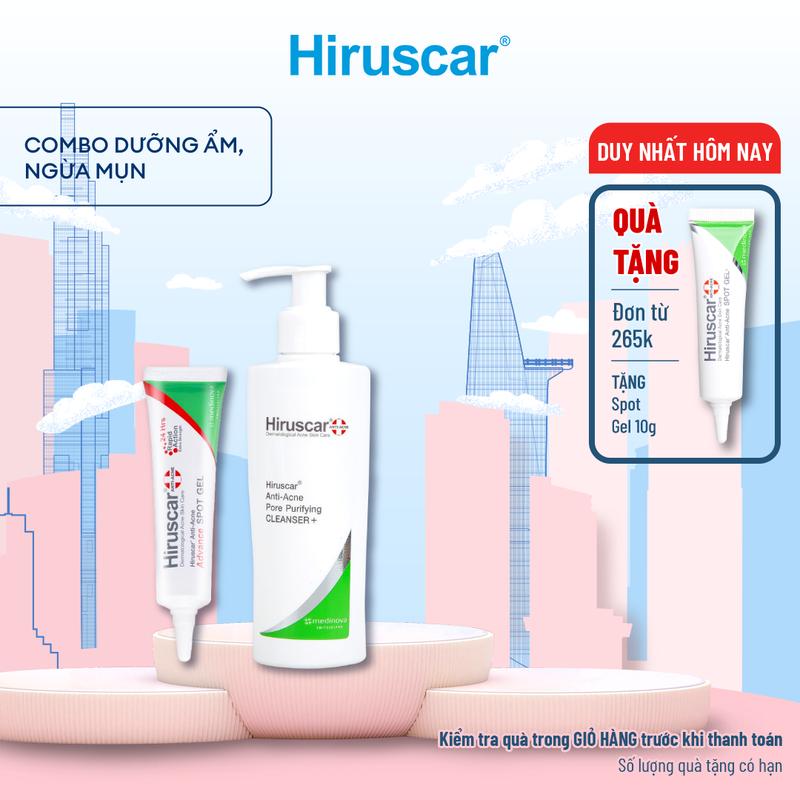 Combo gel giảm mụn nhanh 24h Hiruscar 10g và Sữa rửa mặt 100ml