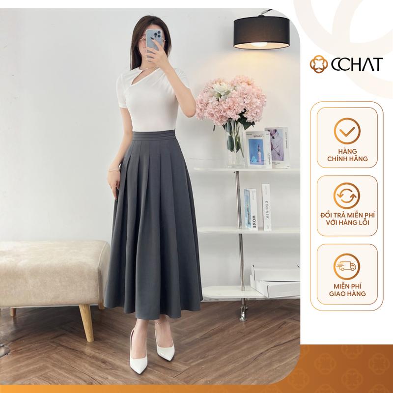 NEW'25 - Chân Váy Nữ CCHAT Dáng Xoè Cạp Liền Xếp 3 Ly Chất Tuytsi 24CDS2005XT