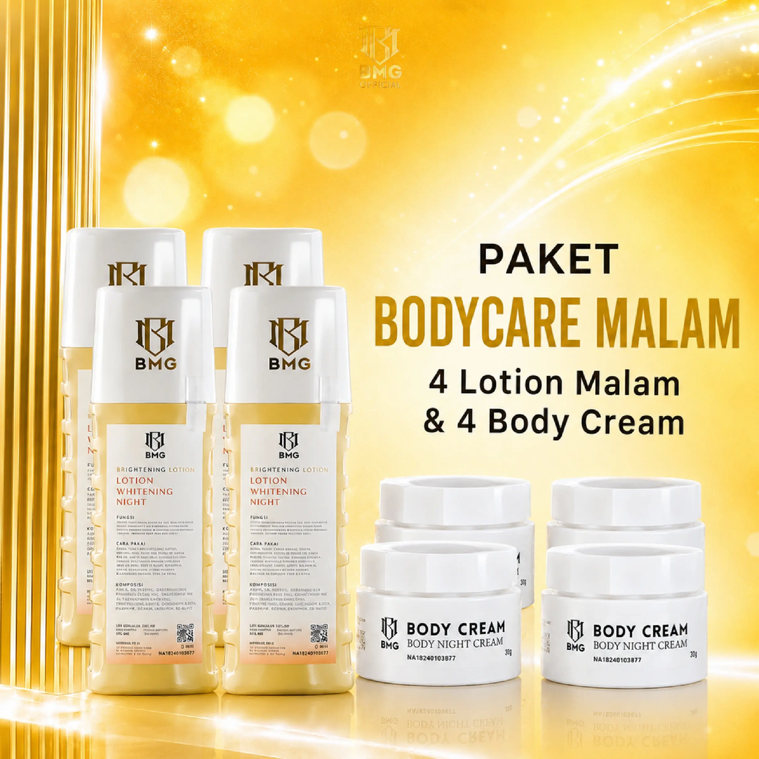 [ BMG PABRIK ] - Get 8 Pcs ( 4 Lotion Kuning 4 Bodycream ) paket Bodycare Malam Membantu Mencerahkan Melembutkan Kaki dan Tangan