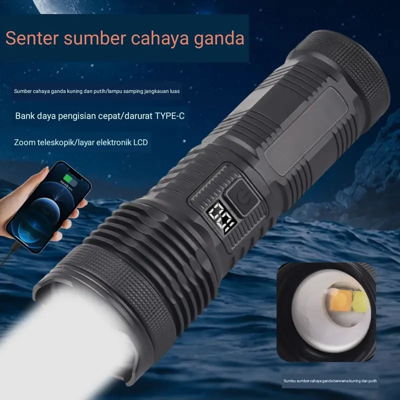 SENTER LED 2 CAHAYA 2458 - BISA DI ZOOM - CAHAYA TERANG - JARAK JAUH - INDIKATOR DIGITAL - BISA JADI POWERBANK - TYPE-C 3