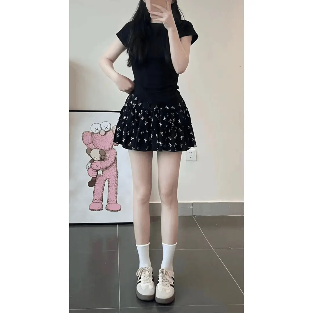 New bow half skirt female spring and summer pleated skirt thin A-line skirt cake skirt thin skirt
