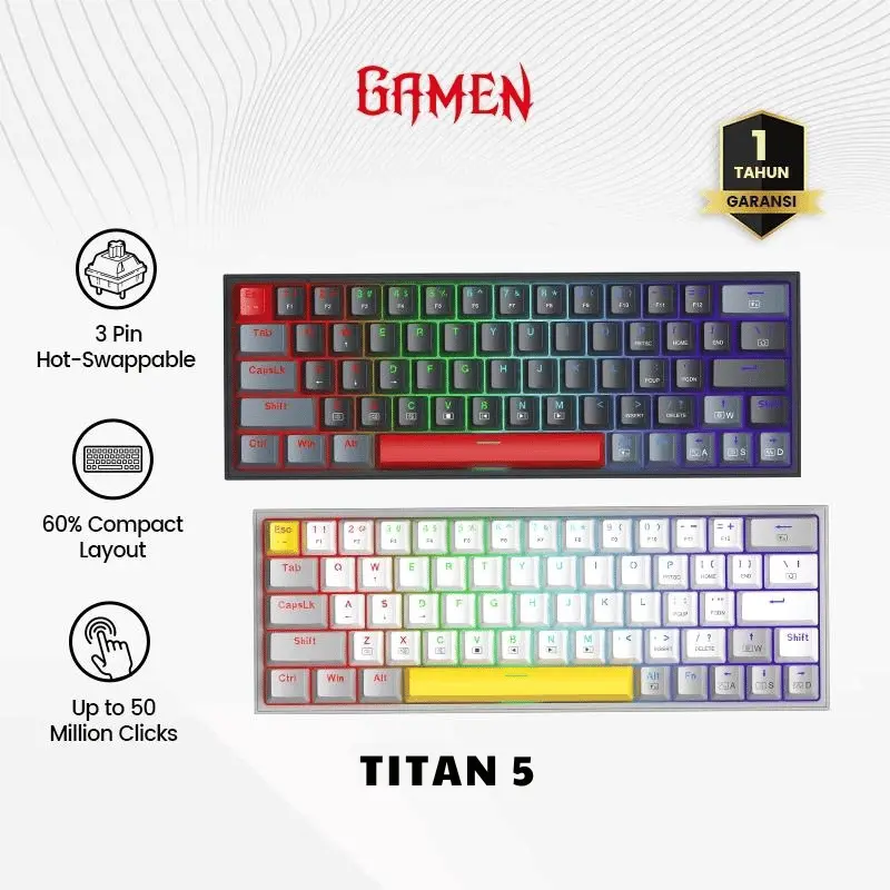 GAMEN Titan 5 Keyboard Gaming Mechanical 60% Layout Pluggable RGB Light Original - Garansi 1 Tahun
