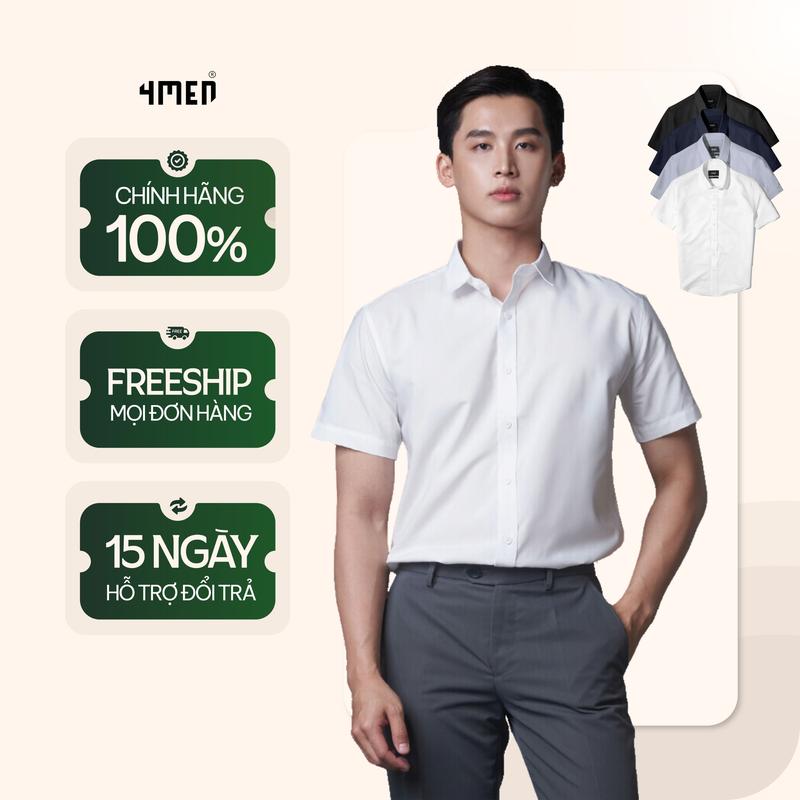 Áo sơ mi nam tay ngắn trơn đẹp 4MEN SM087 vải lụa chéo mềm mịn, hạn chế nhăn, form tailored công sở trẻ trung giá rẻ