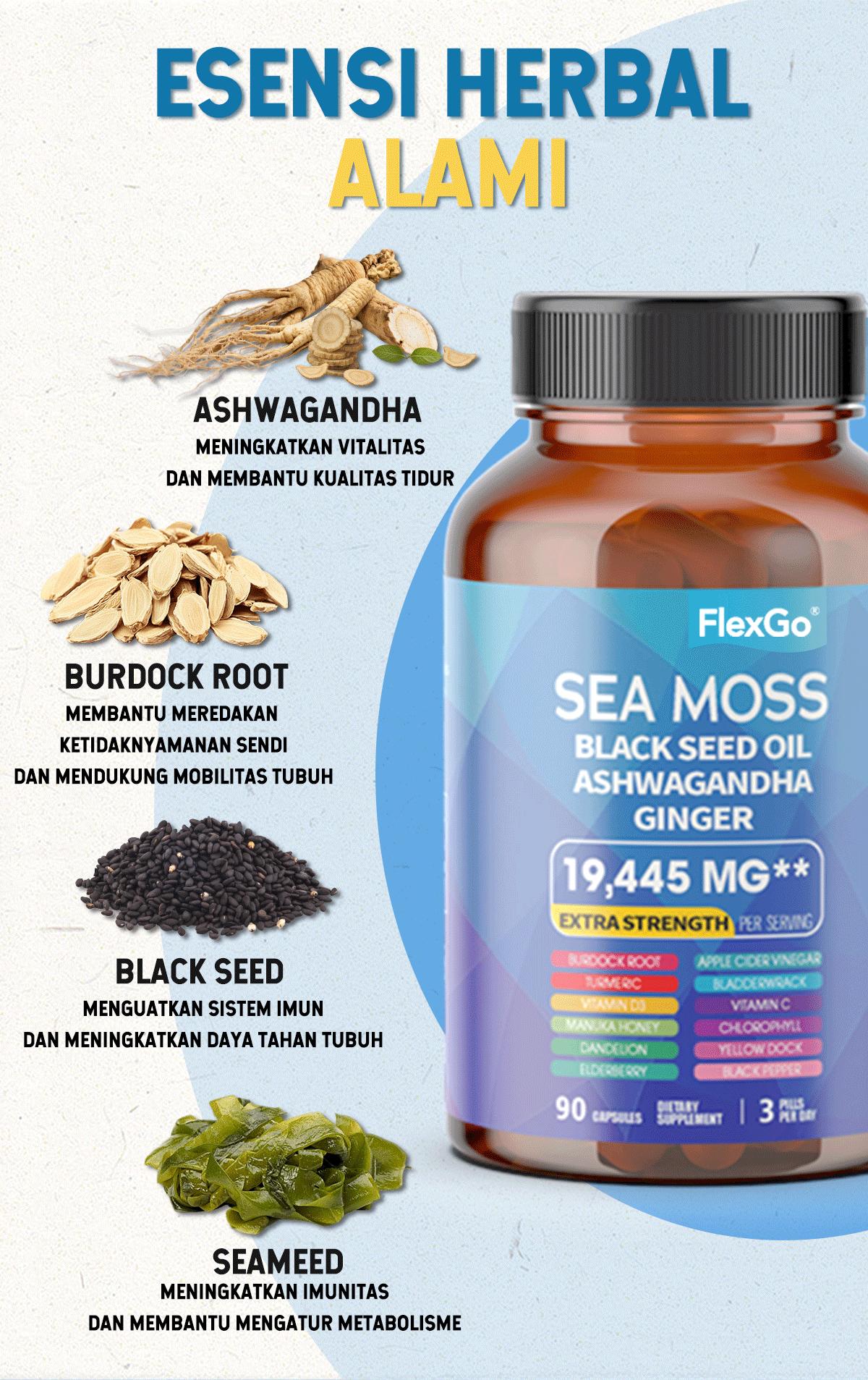 FLEXGO Sea Moss,Black Diamond Oil & Ashwagandha Capsules – Suplemen All-in-One untuk Energi,Tingkatkan Energi, Tidur Nyenyak & Turunkan Kortisol – FDA & GMP FLEXGO Sea Moss,Black Diamond Oil & Ashwagandha Capsules – Suplemen All-in-One untuk Energi,Tingkatkan Energi, Tidur Nyenyak & Turunkan Kortisol – FDA & GMP