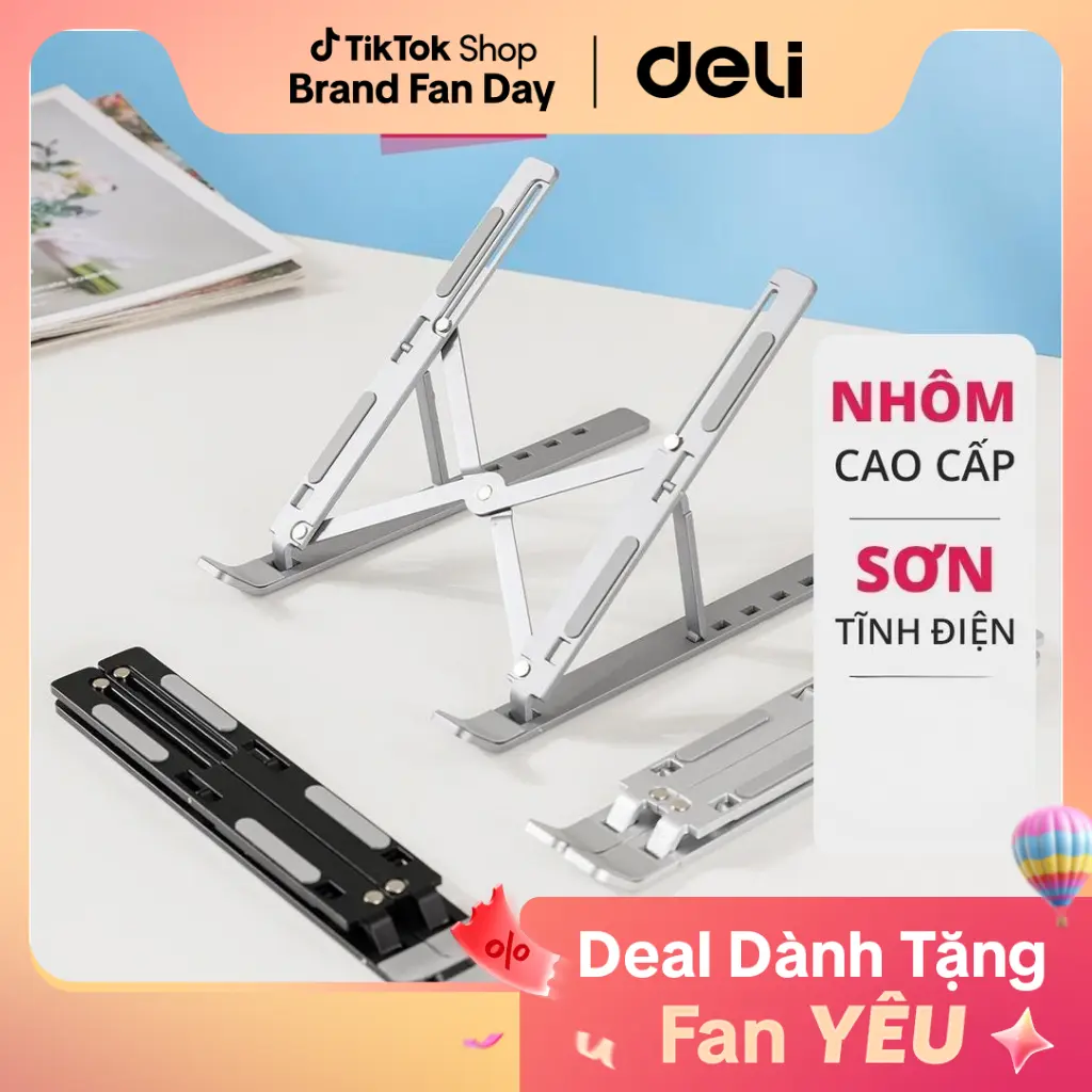 Giá đỡ chống trượt Laptop Deli - Hợp kim nhôm có 6 nấc độ cao cho máy tính xách tay, ipad, điện thoại, sách dưới 15.6 inch dễ dàng gấp gọn, đế silicon tản nhiệt, một đổi một trong 7 ngày