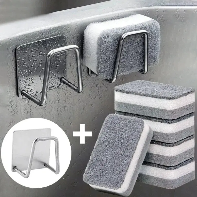 Kitchen Sponges Holder Self Adhesive Stainless Steel Sink Drain Rack Sponge Scouring Pad Cleaning Dishcloth Storage Shelf Sets