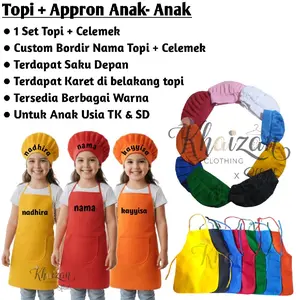 Khaizan Clothing Topi Chef Anak & Apron Celemek Satu Set Bordir Nama Saku Depan Karet Belakang Warna Variasi untuk TK SD