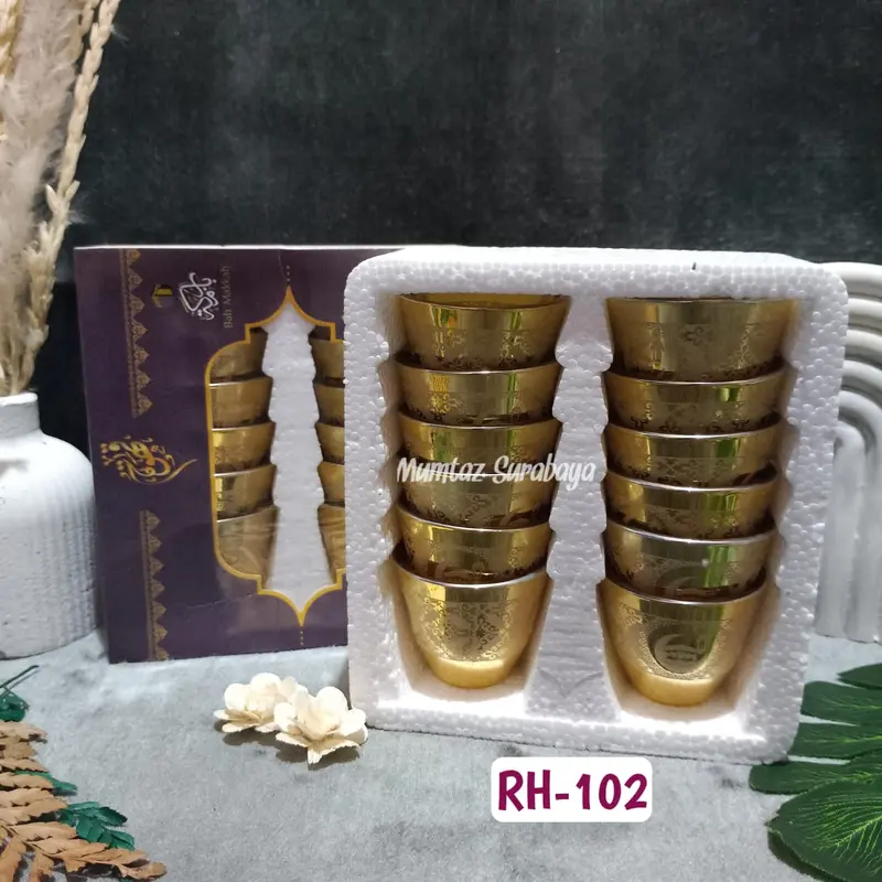 Gelas Air Zamzam GOLD Kaca Set 12 pcs Cucing Kabah Cucing Motif Gelas Cucing Air Zam Zam Gelas Gold Cucing Gold 6