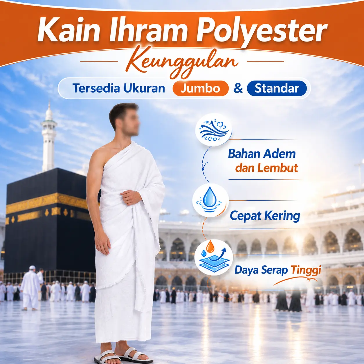 Kain Ihram Jumbo Polyester 260x116cm Kain Haji Umrah Premium Lembut Ringan Cepat Kering