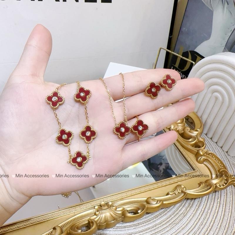 Set khuyên tai vòng cổ lắc tay cỏ 4 lá mặt chấm đá chất liệu titan cao cấp k đen k han gỉ by Min Accessories Bản 13mm Voi