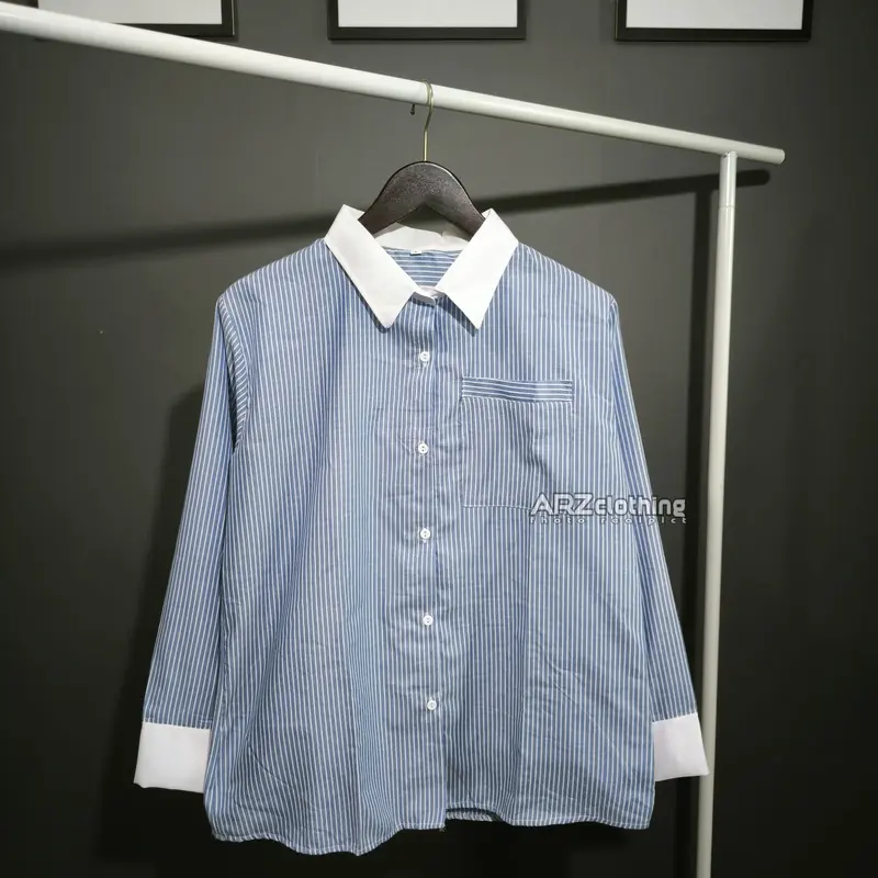 Kiyora Suzy Salur Lidi Kemeja Wanita Lengan Panjang - Stripe Shirt Kombinasi Putih Korean Style 3
