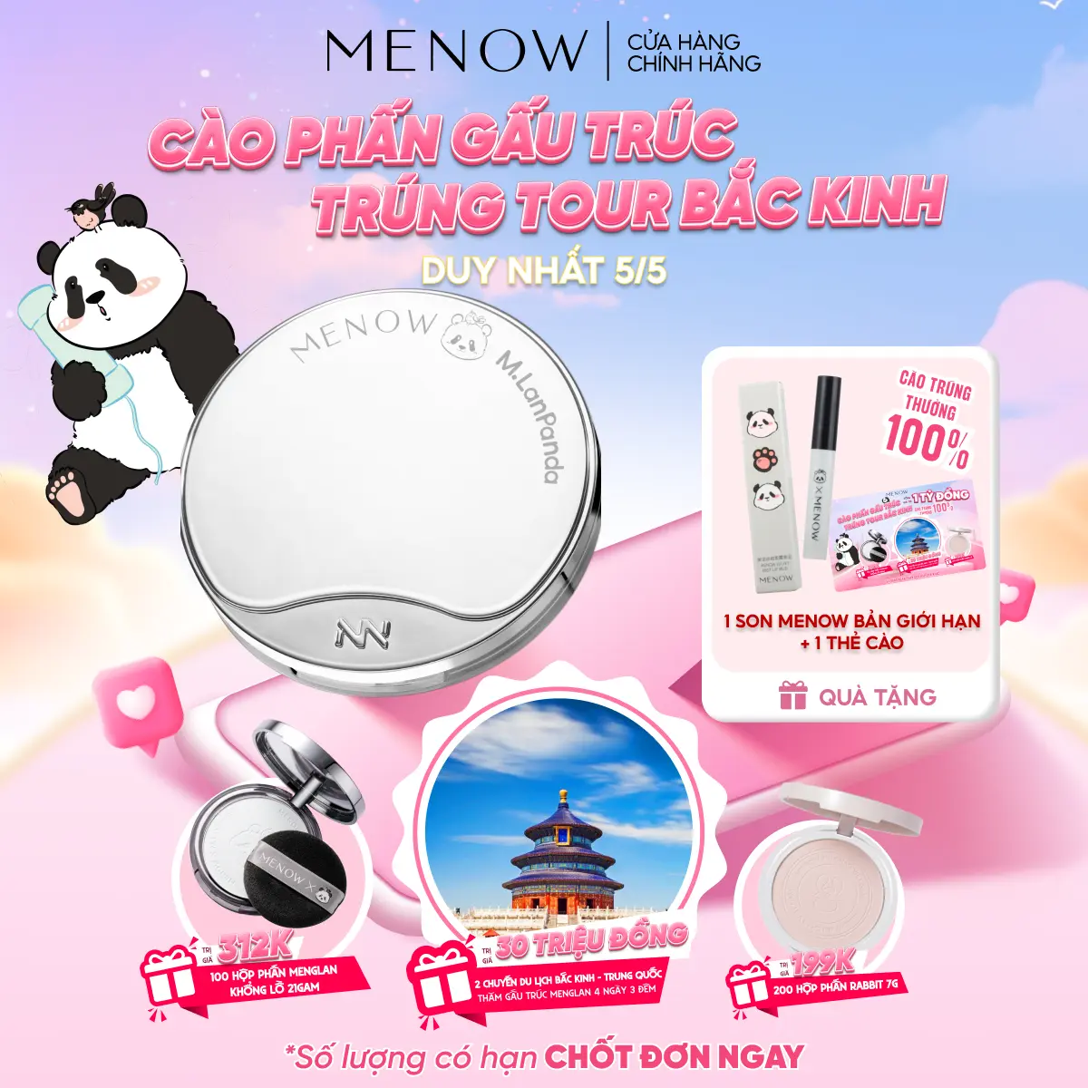 [MUA 1 TẶNG 2] Phấn phủ gấu trúc khổng lồ kiềm dầu, giữ tone vượt trội MENOW x MENGLAN PANDA Velvet Mist Complexion [TẶNG 1 SON+THẺ CÀO]