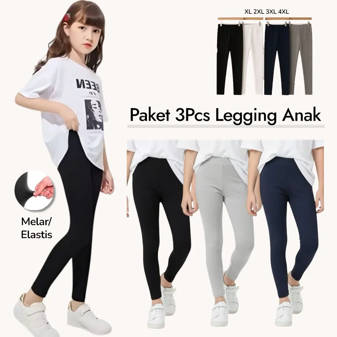 Paket 3 Pcs Legging Anak Soft Spandek Adem Melar Usia 4 s/d 15 Tahun Celana Panjang Legging Anak Perempuan