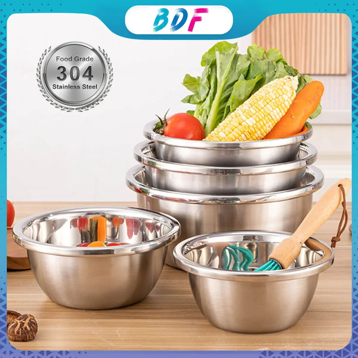 【COD】Baskom Set 5 PCS Stainless Steel Tebal Dapur Wadah Cuci Beras Buah Sayur Baskom Dapur Bakul Saringan Kitchenware