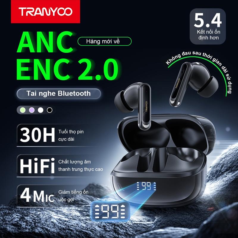 TRANYOO Tai Nghe Bluetooth 5.4 ANC ENC Công Nghệ TRANYOO T-M6 Thế Hệ Mới Chống Ồn Chức Năng Nghe Gọi Chơi Game Thời Lượng Pin Lên Đến 6 Giờ - Bảo Hành Chính Hãng Nhét Tai Nghe Nhạc Earphone di động trong tai Không Dây bass Wireless