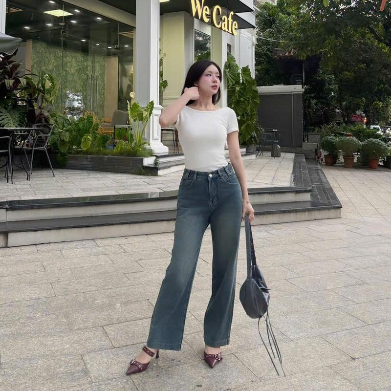 THE QUẠO - Quần Jeans Nữ Lưng Cao Ống Suông Dáng Dài Đĩa Kiểu  Lai 3cm S1506_605