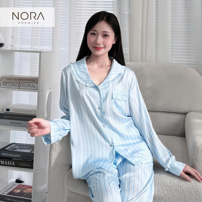 NORAVELA Bộ Pijama Lụa Satin Tay Dài MS 3062 – Thiết Kế Độc Quyền Màu Xanh & Hồng Pastel Dịu Dàng Size S & M Chất Liệu Cao Cấp Thoải Mái